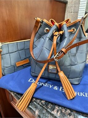 Dooney & Bourke blue Croc-Embossed Leather Drawstring Bucket Bag with Tan Trim